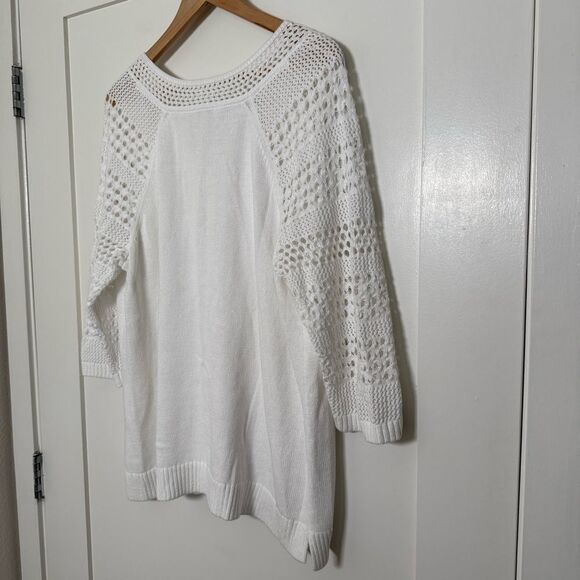 J Jill Top Womens Sz L White Crochet Knit Lace 3/4 Sleeve V Neck Beach Coastal - Picture 6 of 11